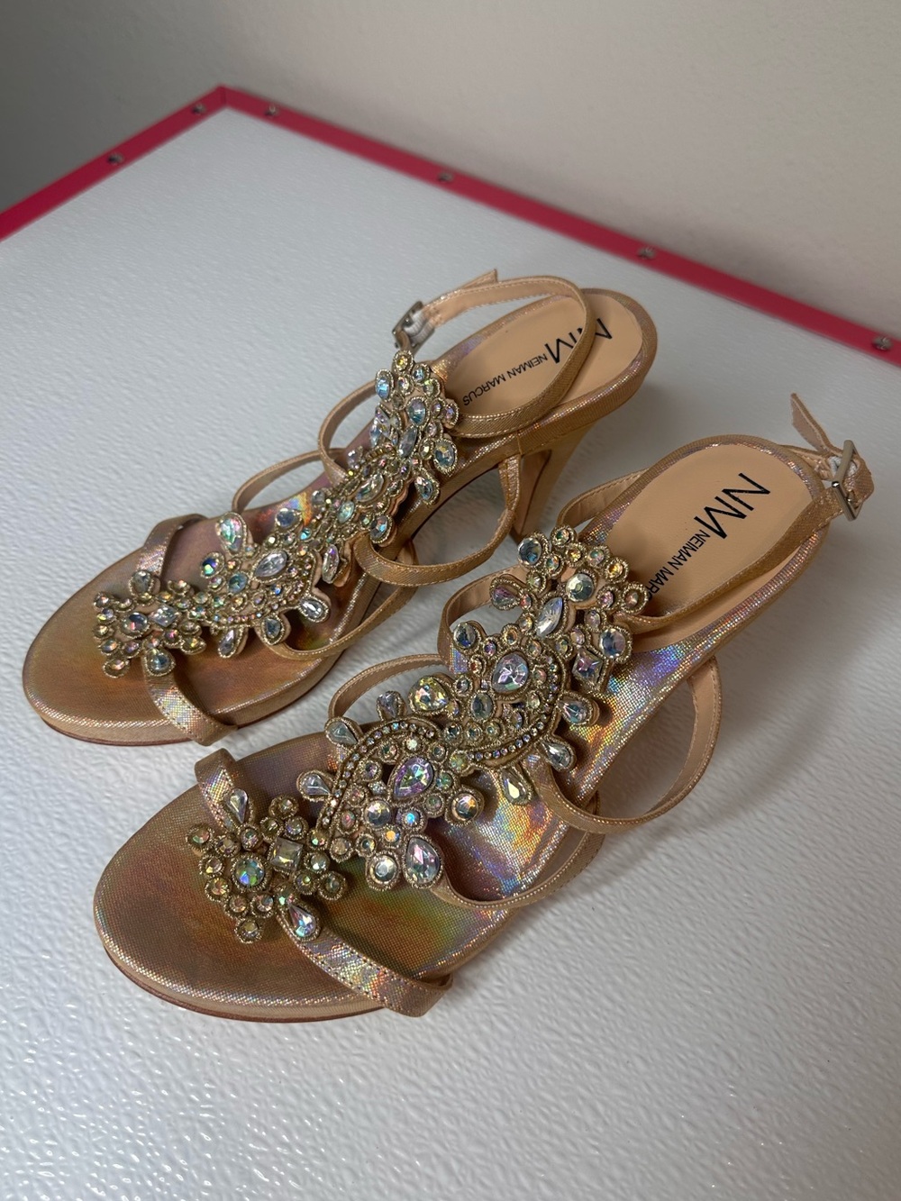 Neiman Marcus | Embellished Gold Evening Strappy Heel